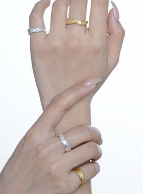 韩版小众设计简约S925纯银烧皱肌理食指戒指女开口纹理尾戒