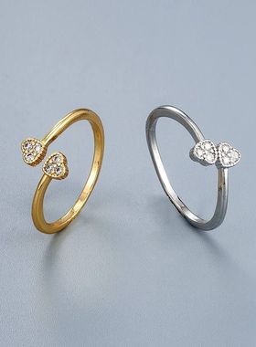 INS风小巧爱心戒指女镶钻锆石戒指开口设计款韩版