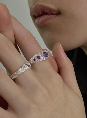 【K社制造】纯银破碎岩石纹肌理开口戒指 男女镶钻不规则指环s925