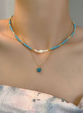 清凉夏日蓝色绿松石项链女 时尚轻奢颈链锁骨链 叠戴淡水珍珠配饰