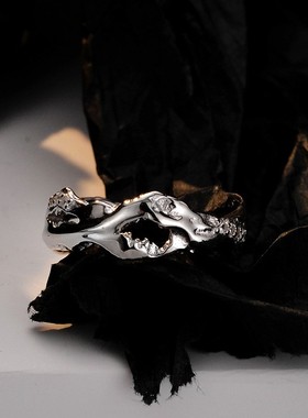 【K社制造】时尚百搭S925纯银破损肌理细指环女ins风开口镶钻戒指