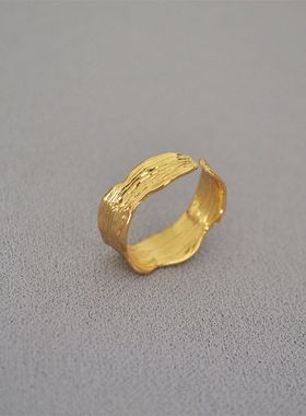 韩版小众时尚原创设计不规则线条纹理黄铜镀金开口戒指食指戒女