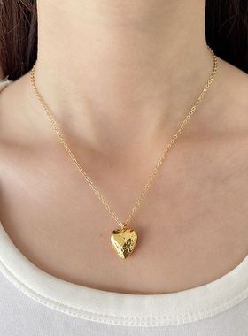 法式精致浪漫手工纹理肌金色珐琅陨石红色小爱心项链女