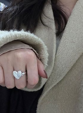 925纯银纹理交织爱心戒指女韩版小众设计高级感秋冬开口指环