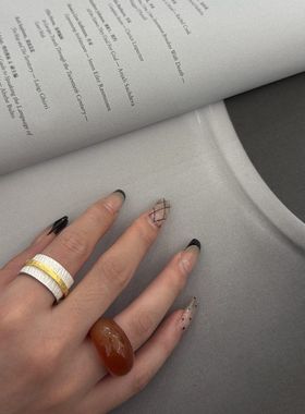 欧美重工925银烧白工艺18金银撞色戒指简约天然石红玛瑙百搭指环