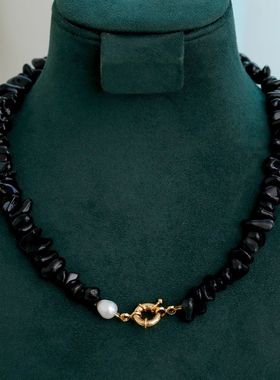 fever同款项链 天然黑曜石 锁骨链女 小众轻奢高级感淡水珍珠颈链