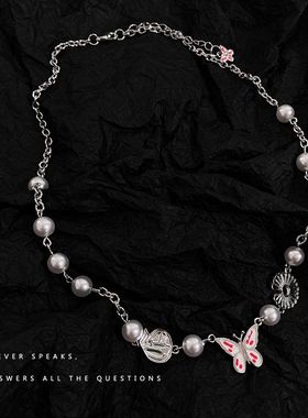 时尚系GD权志龙珍珠项链女气质锁骨链欧美个性粉色小蝴蝶颈链