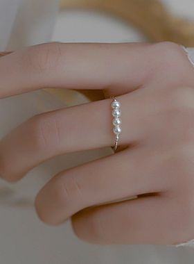甜美珍珠戒指女韩版个性时尚气质S925银圆珠开口指环ins食指戒潮