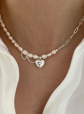 韩国东大门925银巴洛克珍珠爱心拼接项链链条高级设计感轻奢