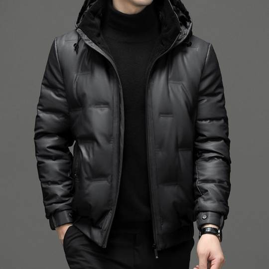 海宁真皮绵羊羽绒服男士加厚加肥加大高档皮夹克外套皮衣连帽冬季