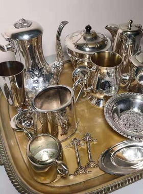 西洋古董镀银器餐具茶具托盘茶壶咖啡壶酒壶糖罐奶罐碟子等摆件