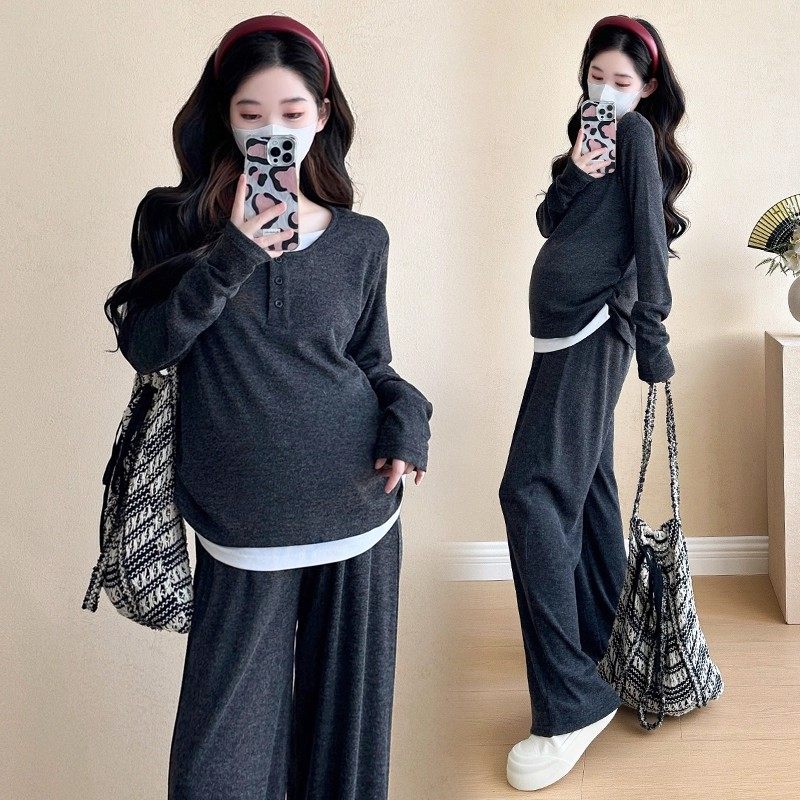 孕妇套装春秋季新款慵懒风假两件显瘦上衣+直筒裤子两件套大弹力,淘宝优惠券,粉丝福利购,淘宝优惠卷