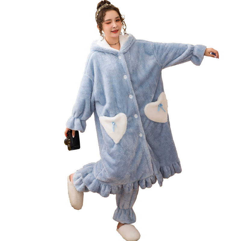 秋冬珊瑚绒长款家居可爱加绒冬浴袍 优美纺睡衣/家居服套装