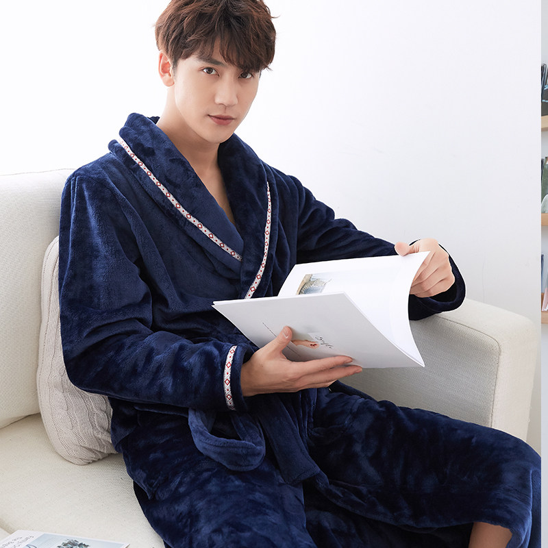 秋冬法兰绒长款加绒可爱男士冬浴袍 优美纺睡袍/浴袍