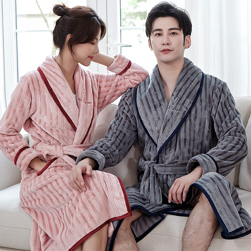 秋冬日式法兰绒情侣男长款性感睡袍 优美纺睡袍/浴袍