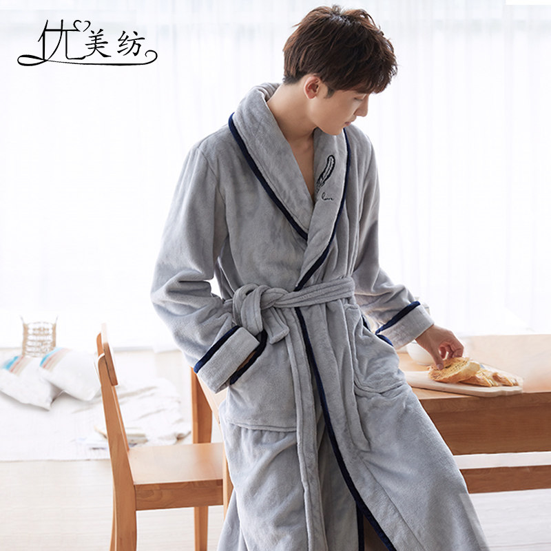 秋冬情侣长款日式冬珊瑚绒男士睡袍 优美纺睡袍/浴袍