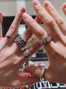 GD权志龙同款小香风菱格纹戒指女ins小众轻奢菱形格叠戴情侣对戒