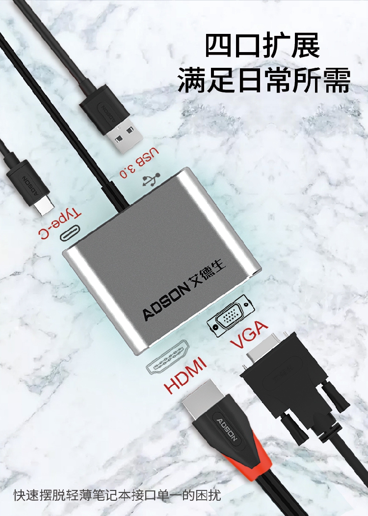 艾德生Type-C转HDMI转换器+VGA+USB3.0+PD四合一多接口复制扩展坞 - 图0