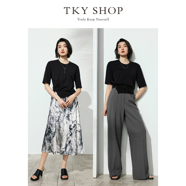 TKYSHOP ເສື້ອຍືດແຂນສັ້ນ ແອວບິດ