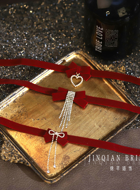 复古酒红色丝绒蝴蝶结项链项圈