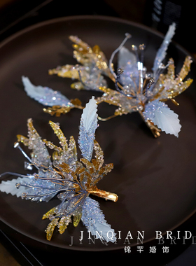 锦芊新娘蓝羽毛水晶叶子对夹头饰