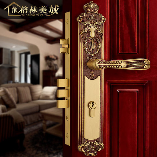 格林美域 宫廷样式豪华欧式门锁 黄铜门锁别墅 大房门双开对开锁 - 图0