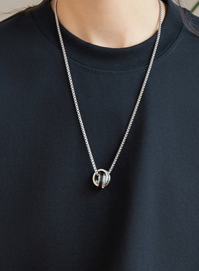 贰狸小众设计双环扣吊坠项链男款嘻哈个性圆环钛钢毛衣链女配饰