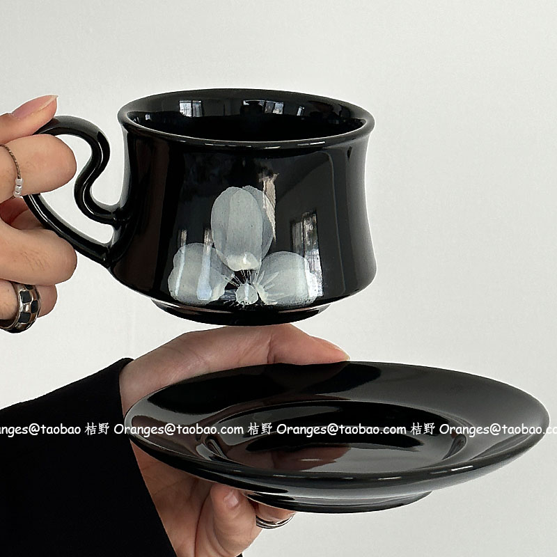 Oranges限定复古黑釉雾花咖啡杯碟中古手作杯下午茶水杯小众礼物,淘宝优惠券,粉丝福利购,淘宝优惠卷