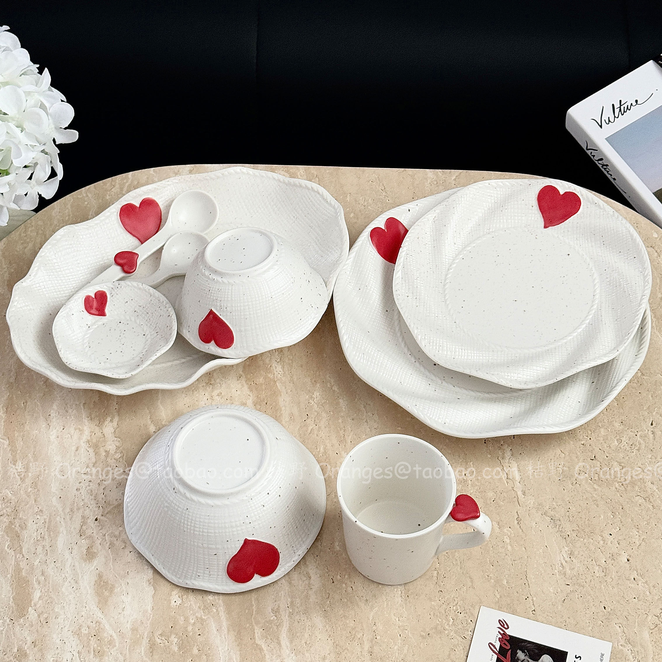 Oranges浮雕爱心布编纹陶瓷餐具套装家用高级感饭碗盘碟子大汤碗