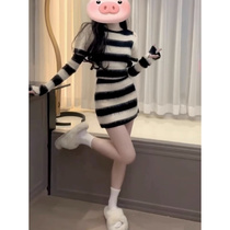 Mahimao Sexy Hot Girl Striped Knit Dress Dress Woman Autumn Winter Advanced Sensation Pure Desire to Slean Skinny Wrap Hip Skirt