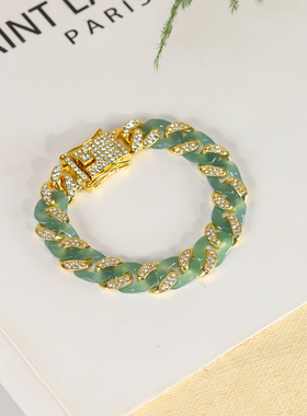 拍卖捡漏缅甸翡翠古巴冰种手链镶嵌钻锆石嘻哈潮流跨境风格带证书