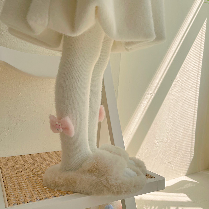 秋冬女童加厚打底裤儿童洋气蝴蝶结獭兔毛白色打底袜宝宝连裤袜 - 图0