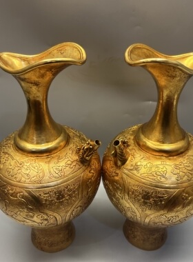 旧藏铜鎏金四神兽瓶玉壶春瓶手工錾刻底部刻贞观鎏金花瓶回流怀旧