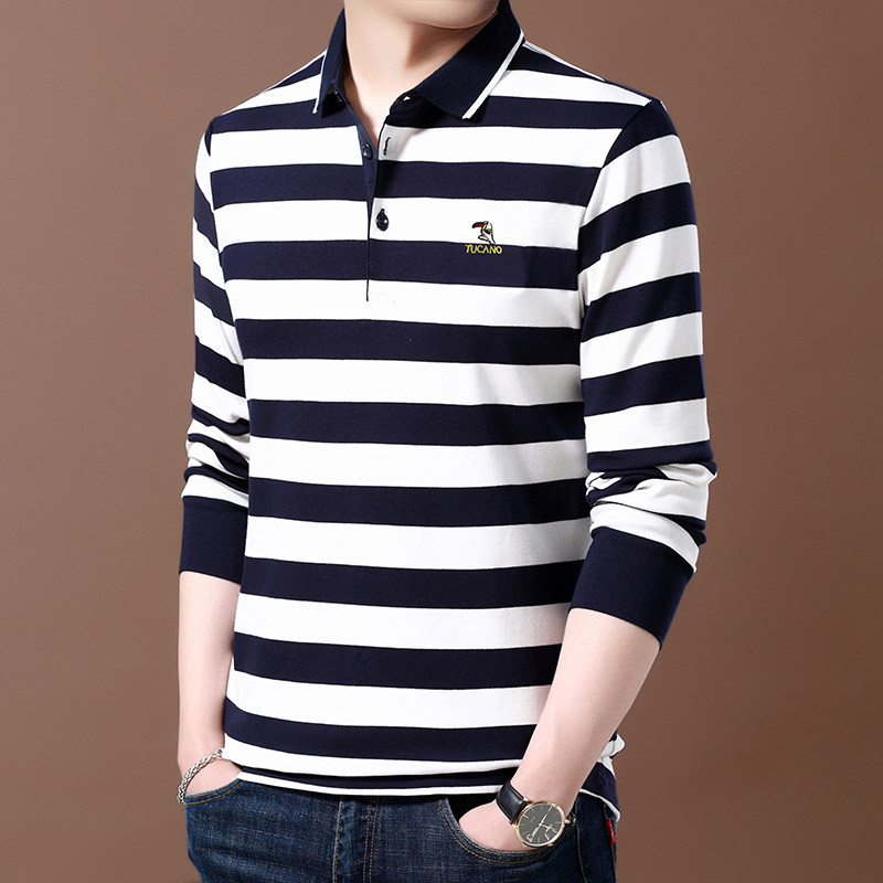 啄木鸟纯棉长袖宽松休闲条纹潮秋衣 啄木鸟菲凡T恤