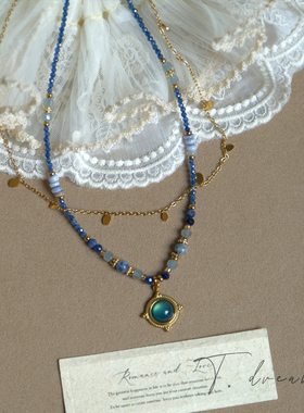 nicedream深蓝复古猫眼串珠项链