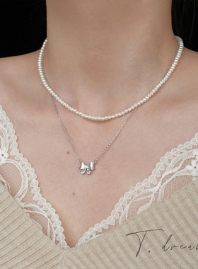 nicedream拉丝银蝴蝶结珍珠项链