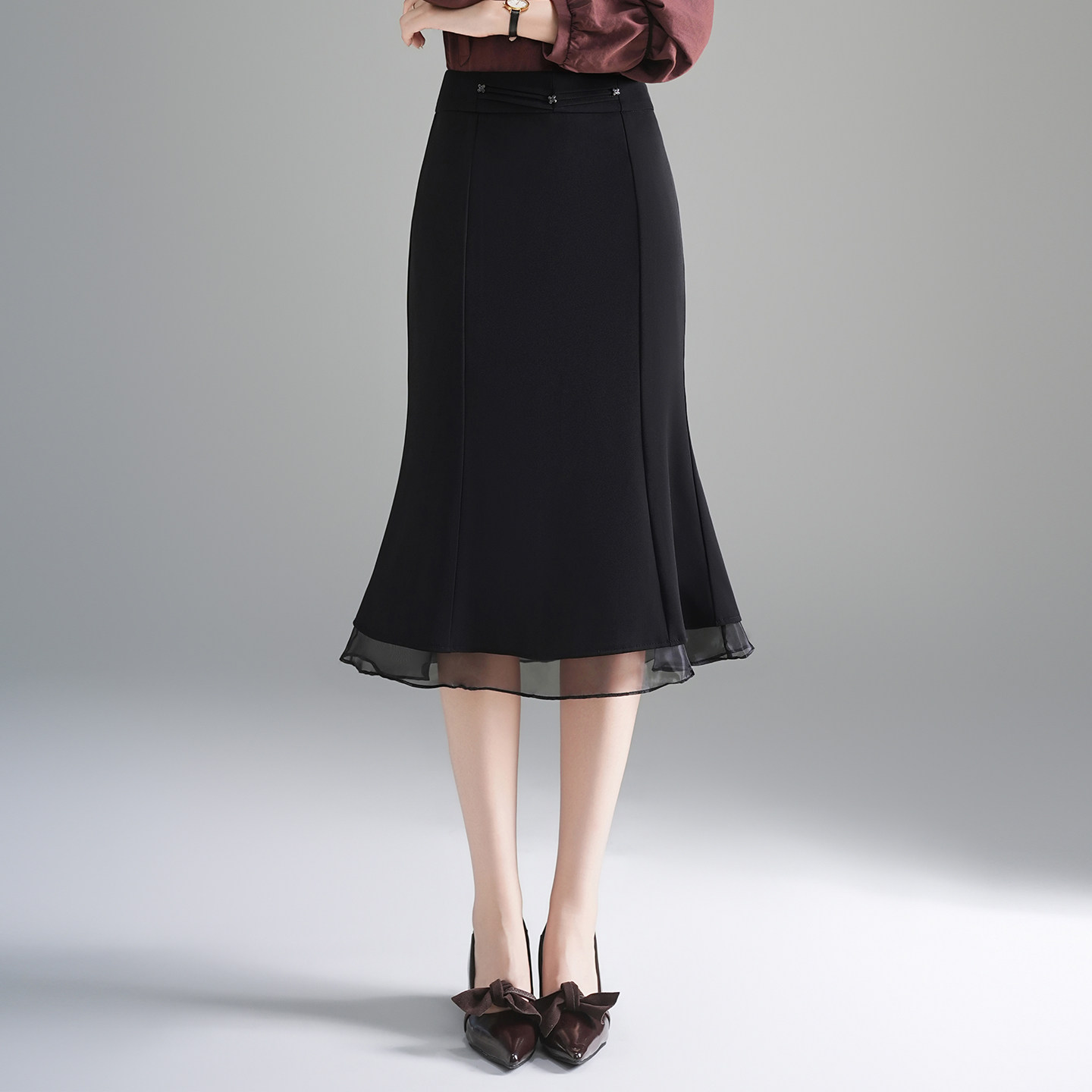 黑色网纱拼接鱼尾半身裙女春季2026新款高腰显瘦中长款通勤包臀裙,淘宝优惠券,粉丝福利购,淘宝优惠卷