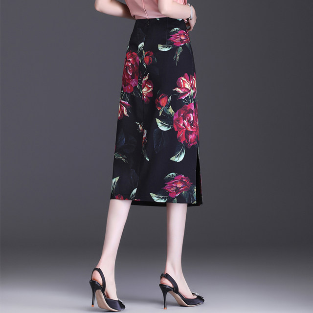 Double slit retro print one-step skirt covering hips one-step skirt