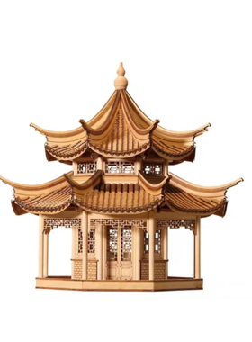 罗曼提 新中式样板间花艺木质双层楼阁摆件 客厅书房层柜饰品组合