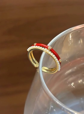 法式复古酒红珍珠双层锆石食指戒