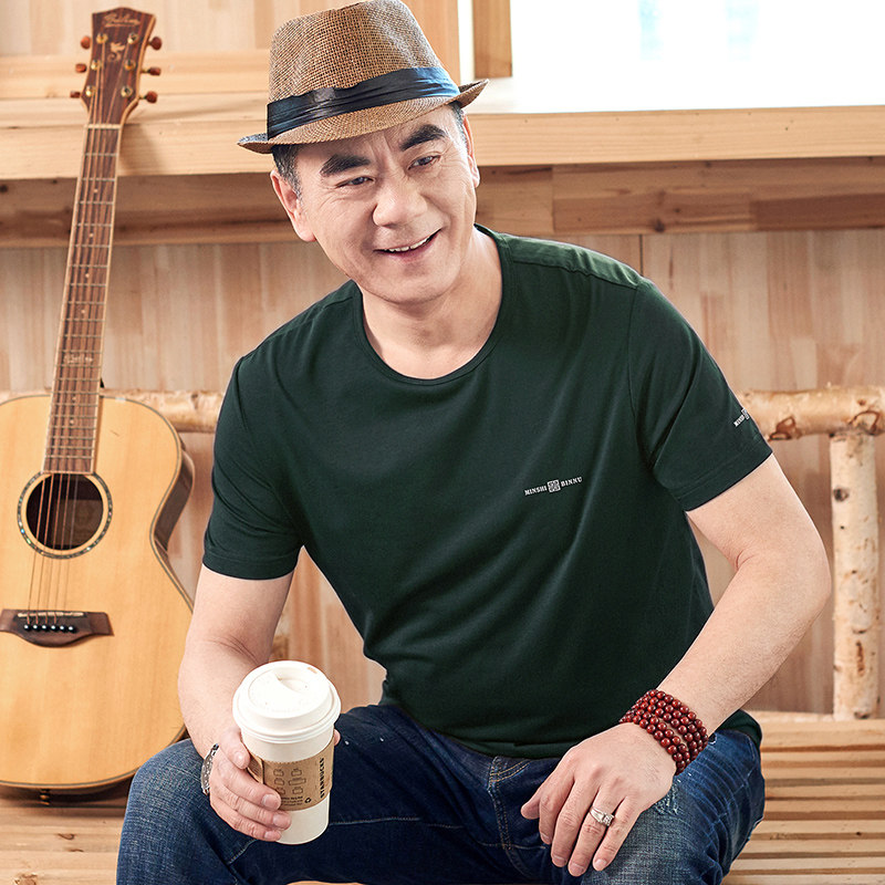 中年男士短袖装40-50岁圆领polo衫 进财企鹅T恤