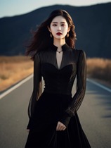 BRAONMA method Temperament Long Dress High-end Light Lavish Unique Gown Superior Black Velvet Dress Skirt Woman Autumn Winter