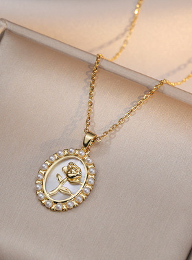 项链女法式高雅珠光白色贝壳复古玫瑰花金币吊坠淡水珍珠钛钢项链