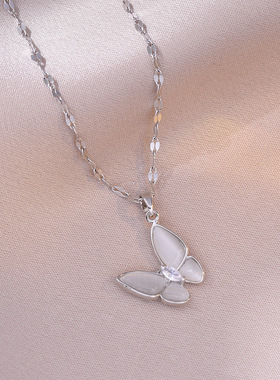 项链女 跨境日韩风蝴蝶猫眼石小众时尚钛钢项链ins设计简约锁骨链