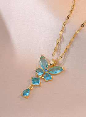 项链女 欧美跨境祖母绿锆石ins时尚项链彩色日韩风蝴蝶锁骨链饰品