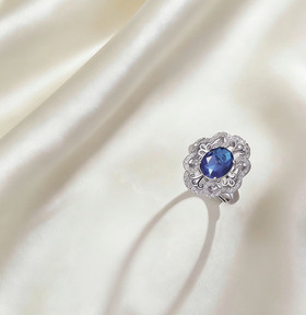 项链女网红蓝色锆石花朵小众跨境新款设计感戒指气质套装钛钢项链