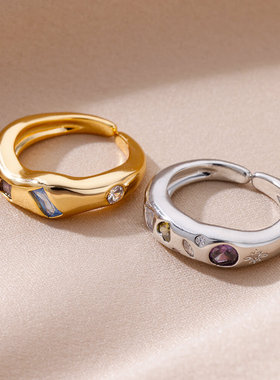 跨境欧美爆款微镶彩色锆石开口戒指轻奢时尚指环小众百搭饰品