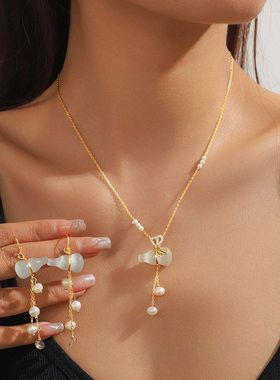 项链女汉服民族风古风耳饰葫芦包金绕线天然淡水珍珠天然玉石套装