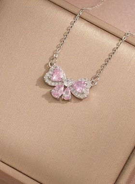 项链女 网红彩色蝴蝶结锆石小众时尚新款设计感吊坠气质钛钢项链