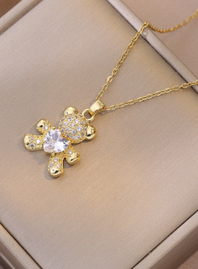 项链女 网红爱心锆石小熊项链小众日韩风新款设计感气质钛钢项链